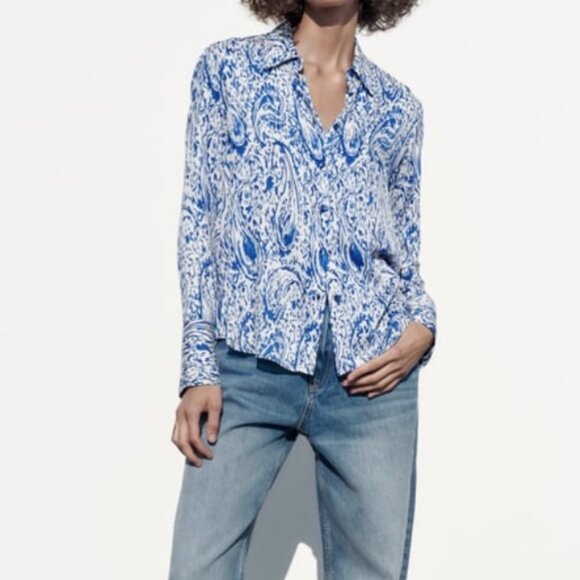 Zara Womens Satin Effect Blue/White Paisley Printed collared Blouse SZ: XL - Picture 10 of 12